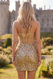 Bodycon dourado brilhante Bodycon Sweetheart Twin transparente Vestido de Lantejoulas Homecoming