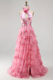 Blush de gola halter recortado em chiffon, vestido comprido com folhos e flor 3D