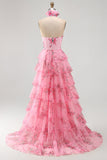 Blush de gola halter recortado em chiffon, vestido comprido com folhos e flor 3D