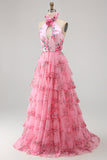 Blush de gola halter recortado em chiffon, vestido comprido com folhos e flor 3D
