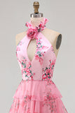 Blush de gola halter recortado em chiffon, vestido comprido com folhos e flor 3D