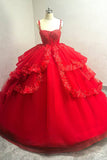 Sparkly Red Ball Gown Espaghetti Straps Beaded Quinceanera Dress with Appliques