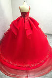 Sparkly Red Ball Gown Espaghetti Straps Beaded Quinceanera Dress with Appliques