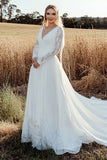 Timeless A Line V Neck Lace Long Sleeve Marfim Vestido de Noiva