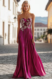 Chic Fuchsia Strapless Querida Long Prom Dress Com Bordado