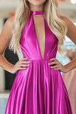 Chic Fuchsia Uma Linha Halter V Pescoço Cetim Plissado Vestido Longo Baile