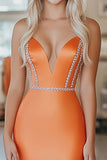 Chic Orange Sereia Strapless Long Prom Dress Com Missangas