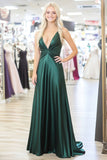 Chique Verde Escuro V-Neck Uma Linha Cetim Prom Dress