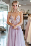 Roxo claro Uma linha de tule espaguete alças vestido de baile com renda