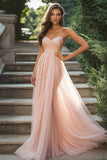 Chic Blush Querida A-Line Ruched Tulle Long Prom Dress Com Fenda