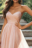 Chic Blush Querida A-Line Ruched Tulle Long Prom Dress Com Fenda