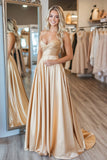 Chic Gold Querida A-Line Ruched Cetim Long Prom Dress