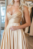 Chic Gold Querida A-Line Ruched Cetim Long Prom Dress