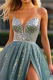 Dusty Blue A Line Sleeveless Beaded Tulle Long Prom Dress