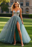 Dusty Blue A Line Sleeveless Beaded Tulle Long Prom Dress