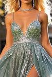 A Line Dusty Blue Beaded Tulle Long Prom Dress com Fenda