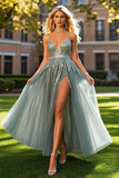 A Line Dusty Blue Beaded Tulle Long Prom Dress com Fenda