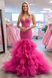 Fuchsia Fish Flare V-Neck Tulle Vestido de baile