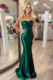 Sereia Verde Escuro Strapless Cetim Prom Dress