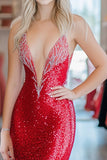 Sereia Vermelha Deep V-Neck Sequined Beaded Prom Dress