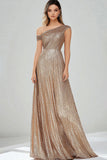 Golden One Shoulder Sequins Uma Linha Long Prom Dress