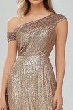 Golden One Shoulder Sequins Uma Linha Long Prom Dress