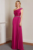 Fuchsia Um Ombro Bainha Cetim Ruched Long Prom Dress