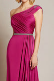 Fuchsia Um Ombro Bainha Cetim Ruched Long Prom Dress