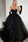 Sparkly Preto Ball Gown Strapless Ruffles Tulle Long Prom Dress