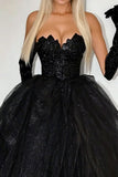 Sparkly Preto Ball Gown Strapless Ruffles Tulle Long Prom Dress