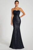 Sparkly Preto Sequins Sereia Strapless Long Military Ball Dress