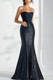 Sparkly Preto Sequins Sereia Strapless Long Military Ball Dress