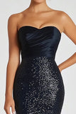 Sparkly Preto Sequins Sereia Strapless Long Military Ball Dress