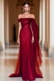Vestido de Cerimónia Comprido com Ombro a Ombro em cor de Cabernet e Capa
