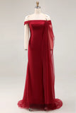 Vestido de Cerimónia Comprido com Ombro a Ombro em cor de Cabernet e Capa