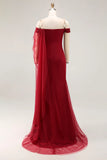 Vestido de Cerimónia Comprido com Ombro a Ombro em cor de Cabernet e Capa
