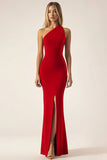 Red One Shoulder Sereia Cetim Long Military Ball Dress com Fenda