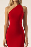 Red One Shoulder Sereia Cetim Long Military Ball Dress com Fenda