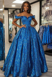 Fora do Ombro Ball Gown Royal Blue Corset Prom Dress