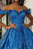 Fora do Ombro Ball Gown Royal Blue Corset Prom Dress