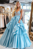 Queen Anne Sky Blue Ball Gown Mangas Vestido Longo Baile de Formatura