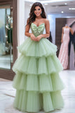 Dusty Sage Uma Linha Tiered Sweetheat Mangas Tulle Long Prom Dress