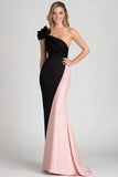 Black&Blush Um ombro Ruched Bainha Cetim Vestido de Gala