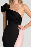 Black&Blush Um ombro Ruched Bainha Cetim Vestido de Gala