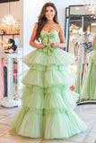 Vestido de Baile Tule Dusty Sage Tiered Sweetheat Mangas Vestido Longo Baile de Formatura