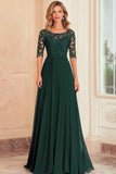 Elegante verde escuro A-Line Boat Neck Chiffon Long Mother Of the Bride Dress with Lace Appliques