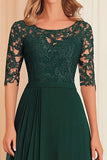 Elegante verde escuro A-Line Boat Neck Chiffon Long Mother Of the Bride Dress with Lace Appliques