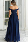 Elegante A-Line Navy Off the Shoulder Chiffon Long Mother Of the Bride Dress with Lace Appliques