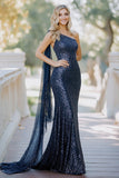 Navy Sequins Bainha Um Ombro Mãe do Vestido da Noiva com Cabo