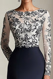 Sereia Preta Mangas Longas Cetim Longa Mãe do Vestido da Noiva com Apliques de Renda